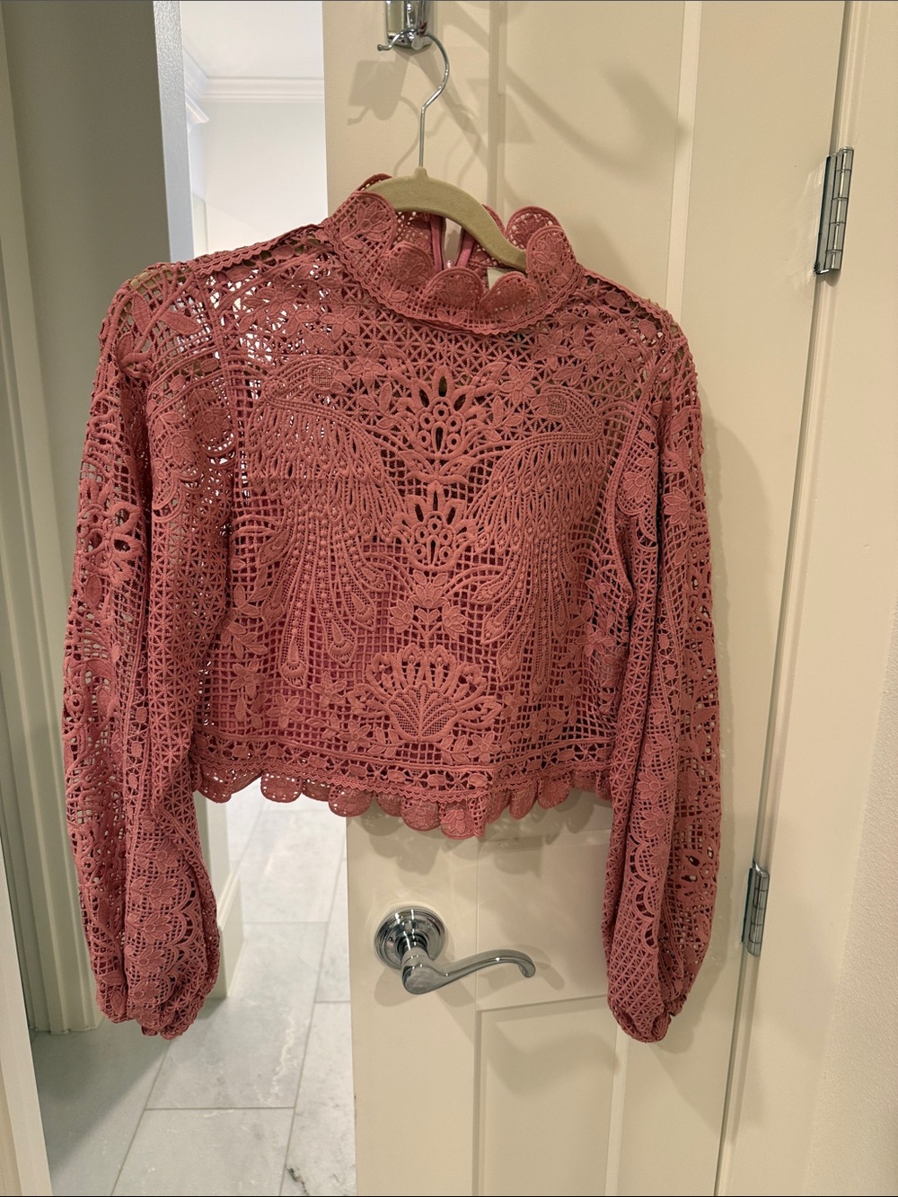 FARM Rio Dusty Rose Crochet Lace High-Neck Long Sleeve Top
